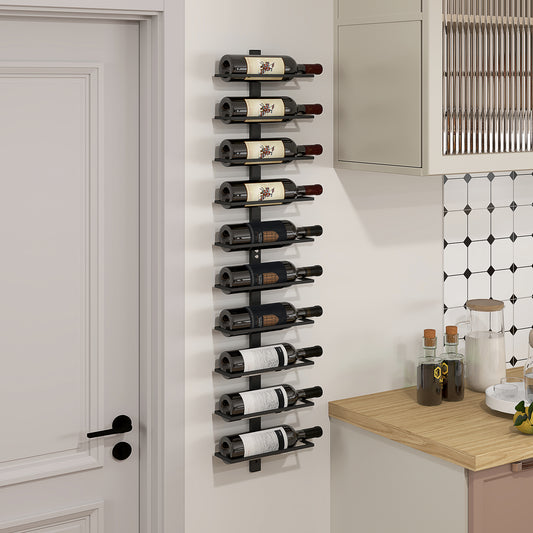 HOMCOM Wine Rack, Wall Mounted, 10 Tier Metal Wine Display Rack, Storage Holder for Kitchen, Dining Room, Bar, Cellar, Black
