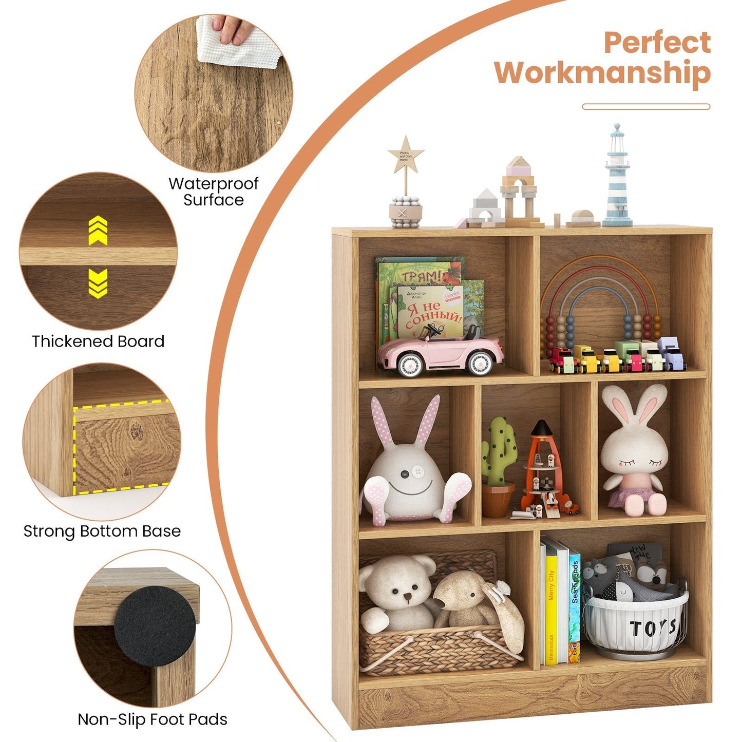 7-Cube Bookshelf with 2 Anti-Tipping Kits for Living Room and Kid’s Room-Natural