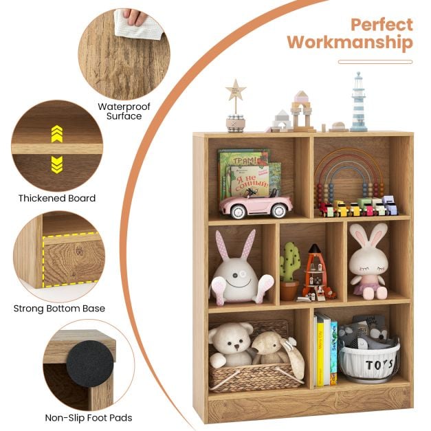 7-Cube Bookshelf with 2 Anti-Tipping Kits for Living Room Bedroom Kid’s Room-Natural