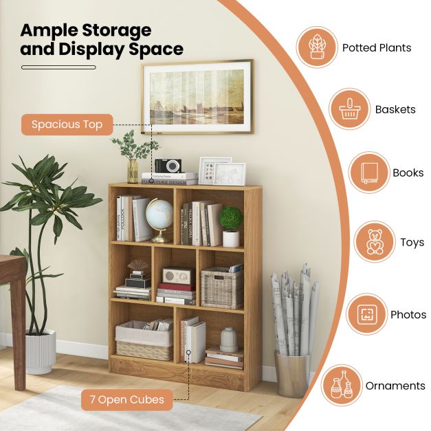 7-Cube Bookshelf with 2 Anti-Tipping Kits for Living Room Bedroom Kid’s Room-Natural