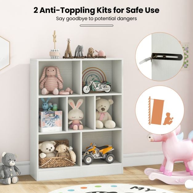 7-Cube Bookshelf with 2 Anti-Tipping Kits for Living Room Bedroom Kid’s Room-White