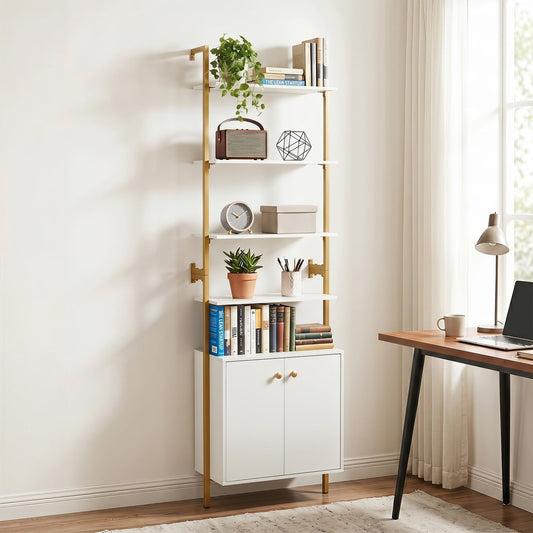 7-Tier Ladder Bookshelf with 2-Door Cabinet and 4 Shelves in White, image 2