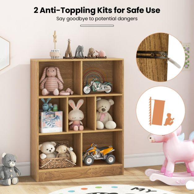 7-Cube Bookshelf with 2 Anti-Tipping Kits for Living Room Bedroom Kid’s Room-Natural