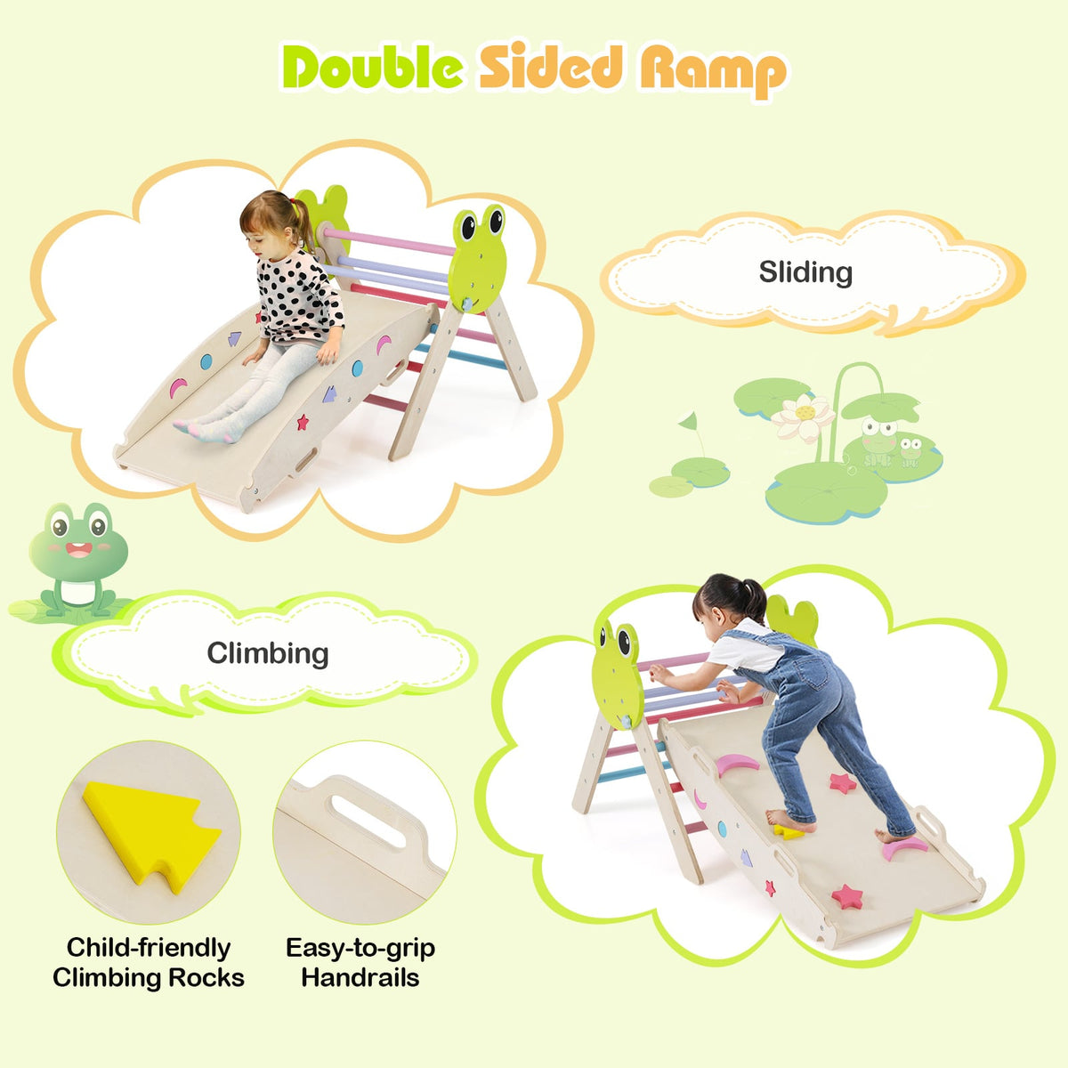 7-in-1 Triangle Set for Kids Frog Climbing Frame with Ramp and Foldable Triangle-Colorful