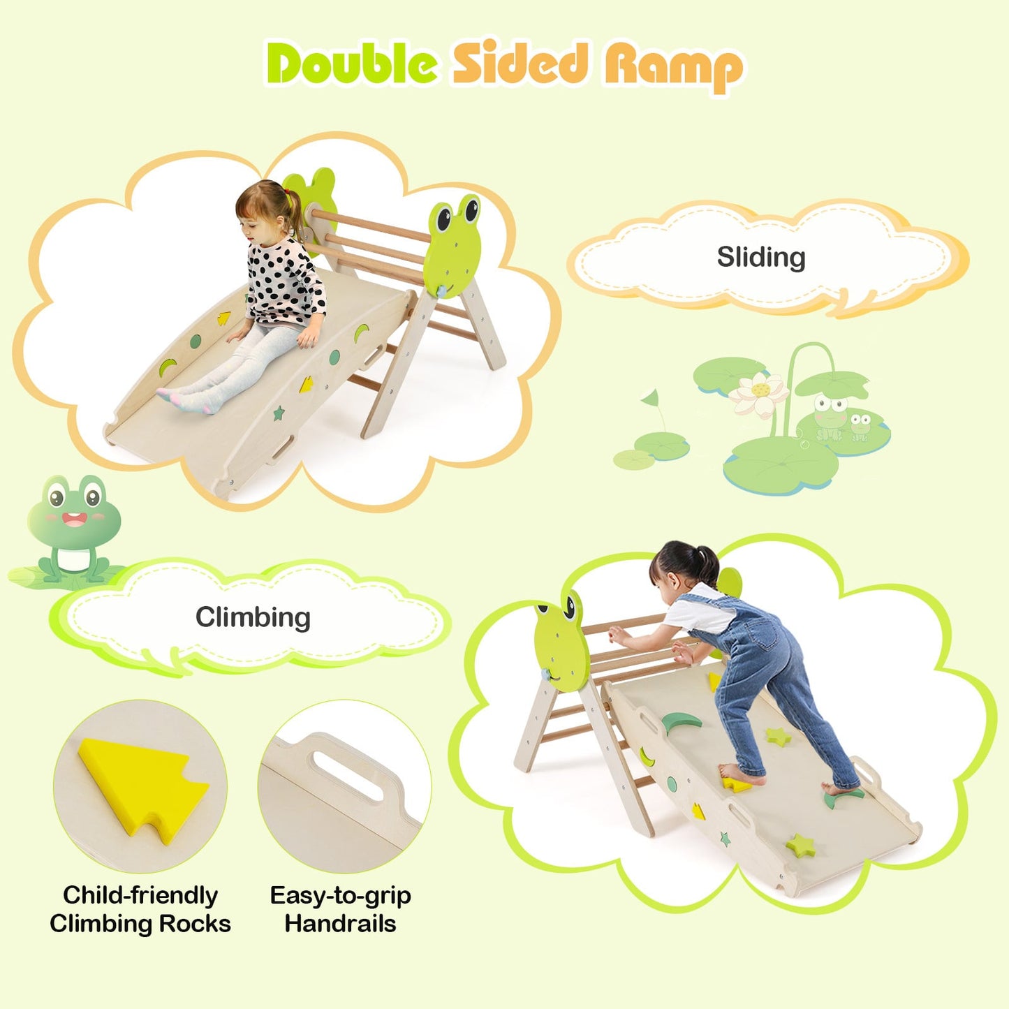 7-in-1 Triangle Set for Kids Frog Climbing Frame with Ramp and Foldable Triangle-Natural