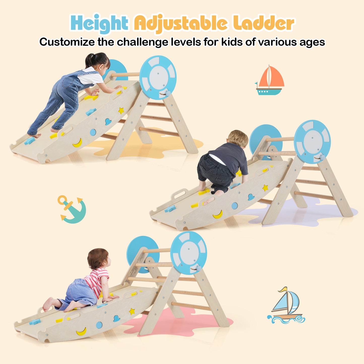7-in-1 Colorful Montessori Climber Set Toddler Nautical Themed Climbing Set-Natural