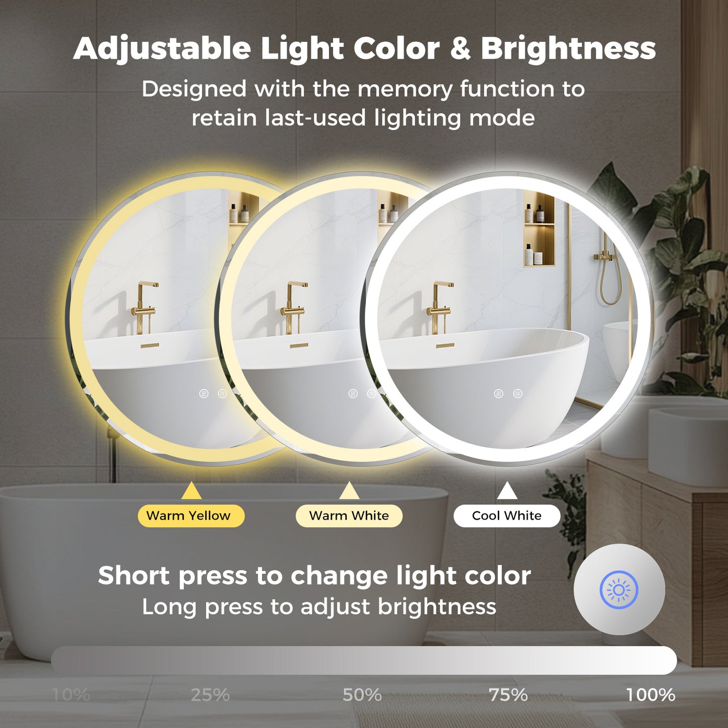 70 CM Round LED Lighted Mirror Wall Mounted with 2 lighting Sources