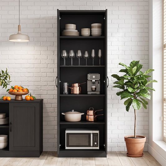 70" Tall Storage Cabinet with Doors and Adjustable Shelves for Kitchen-Black