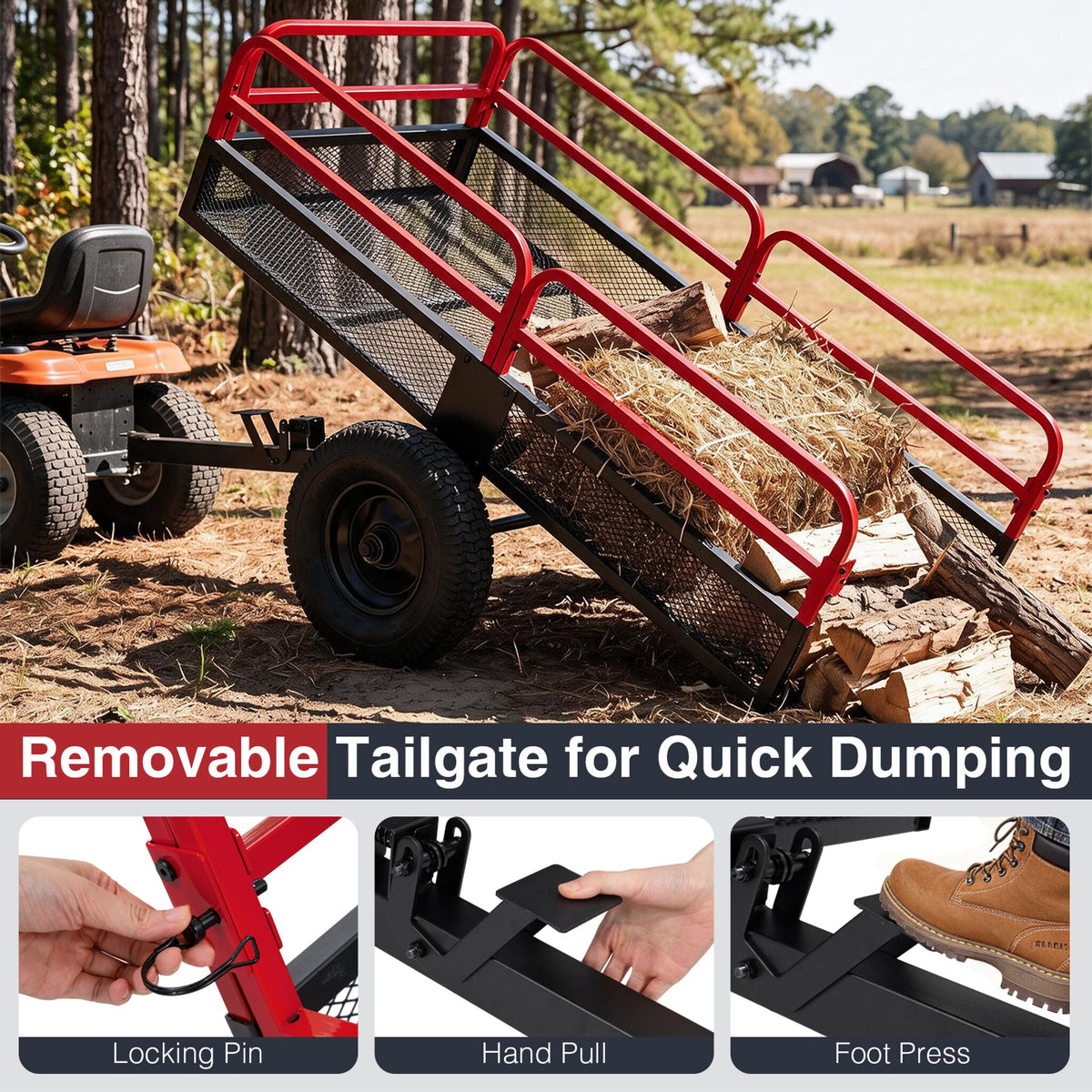 700 KG Capacity 0.5 m³ Heavy Duty Metal Dump Cart Trailer for ATV UTV Tractor-Red