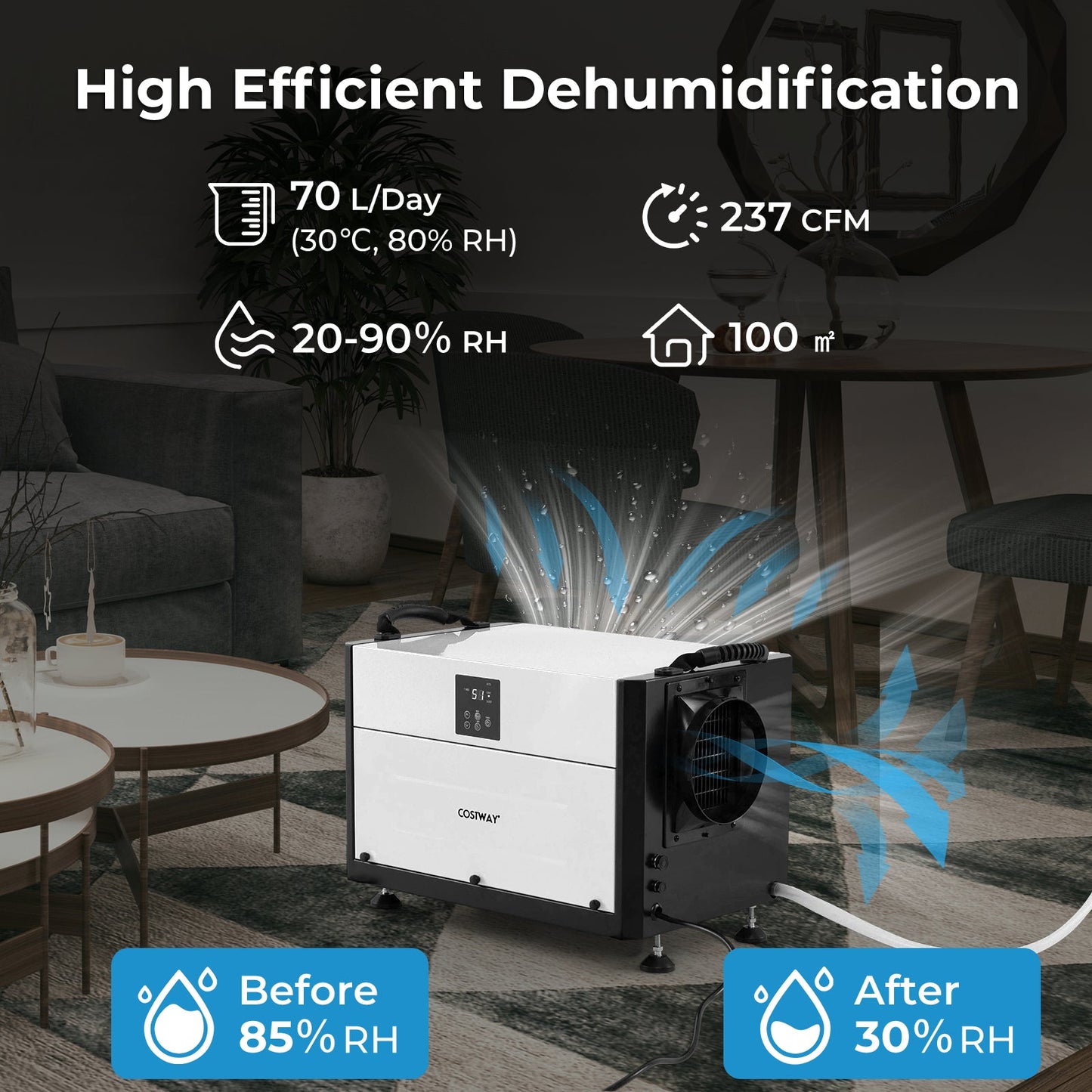 50/70L/Day Industrial Dehumidifier with Pump and Drain Hose-White-70L