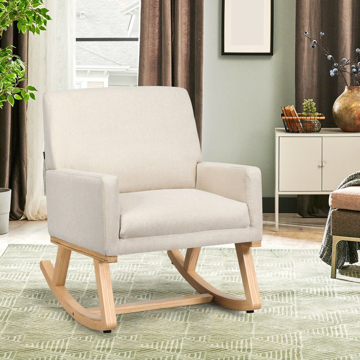 Fabric Upholstered Recliner Rocking Chair Armchair Lounge Sofa Seat Relax Rocker-Beige
