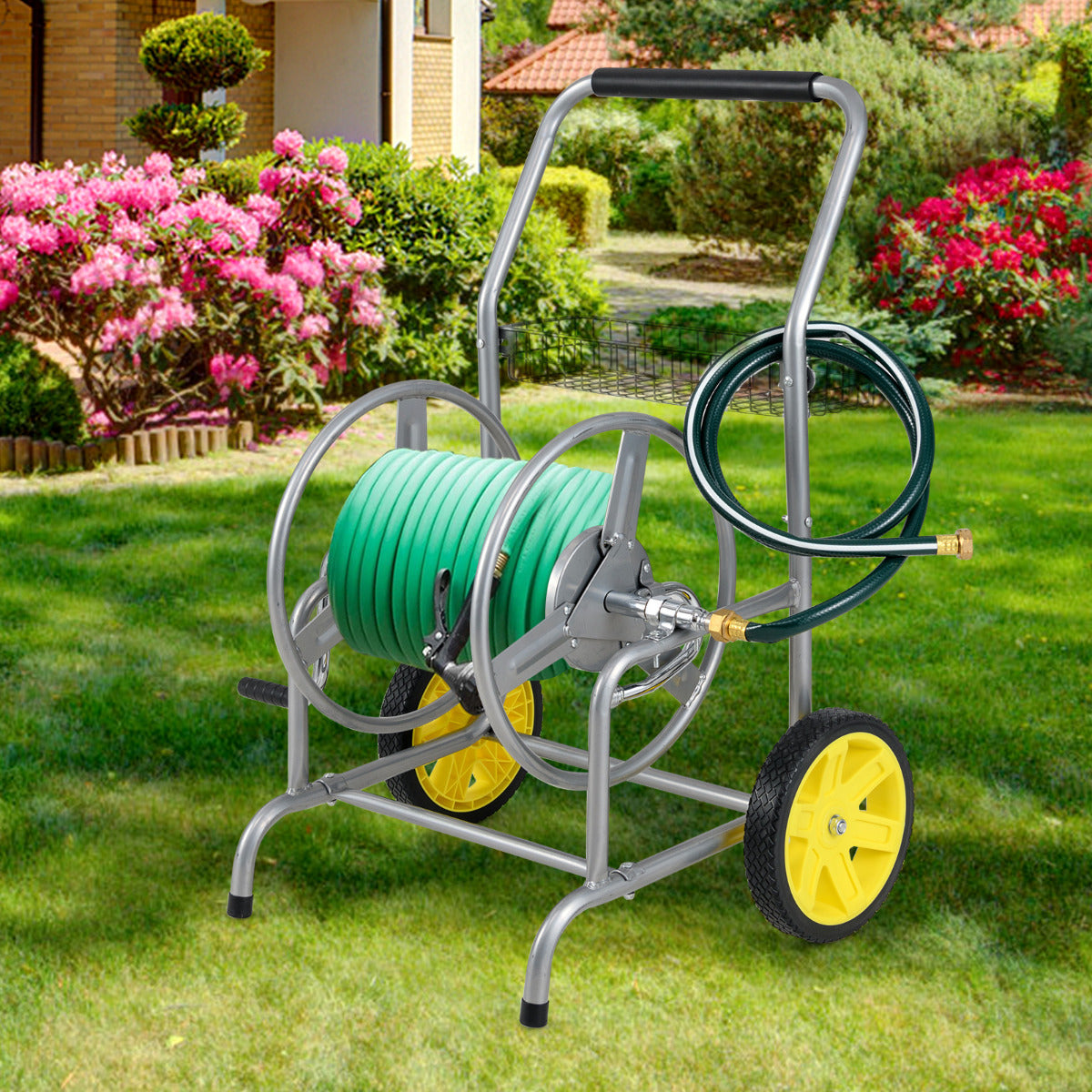 70 m of 20 mm Large Capacity Garden Hose Reel Cart with 2 Wheels-Silver