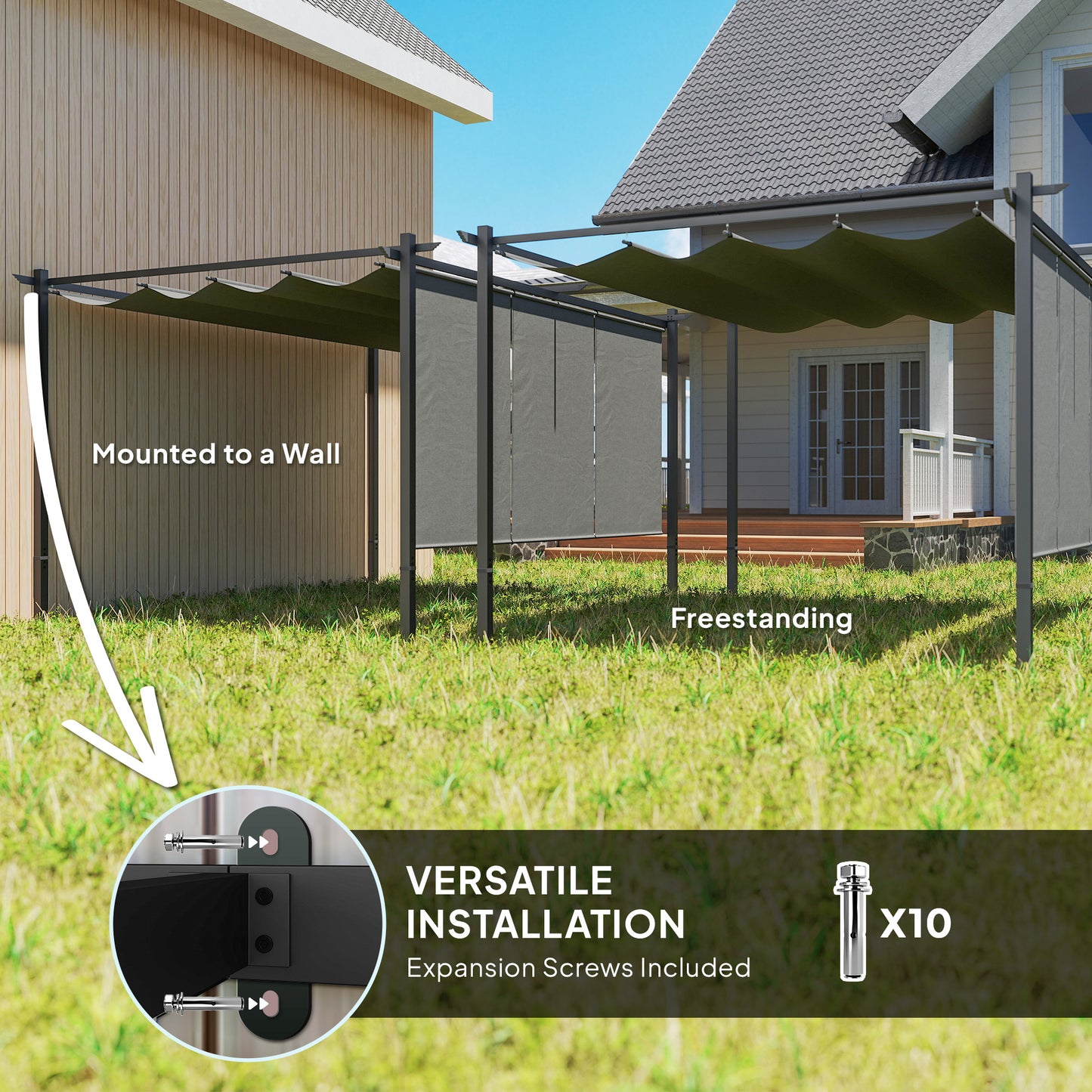 Outsunny 3 x 4m Metalowa pergola z chowanym dachem i roletą, montowana na ścianie lub wolnostojąca ogrodowa altana z baldachimem, UPF30+ zewnętrzna osłona przeciwsłoneczna, szara