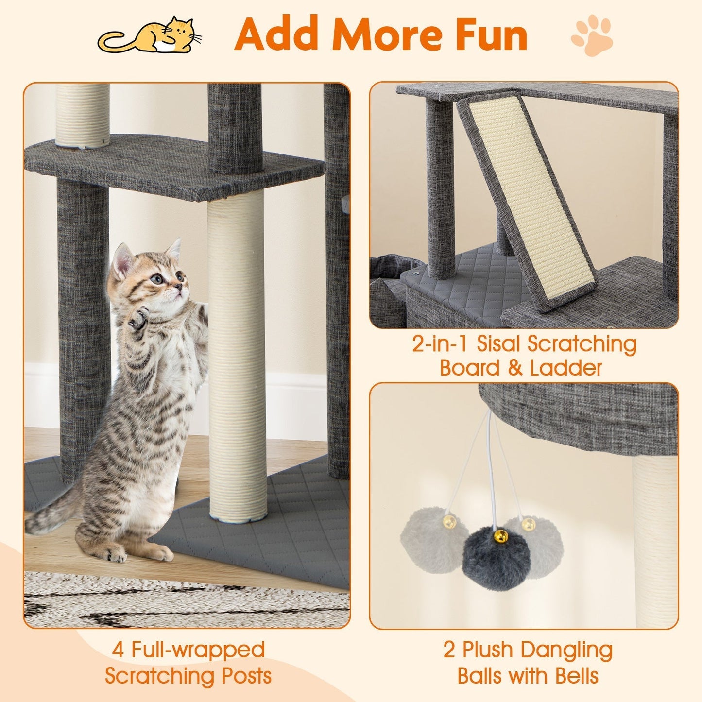 180CM Tall Cat Tree Multi-Level Large Cat Tower with Scratching Posts-Grey