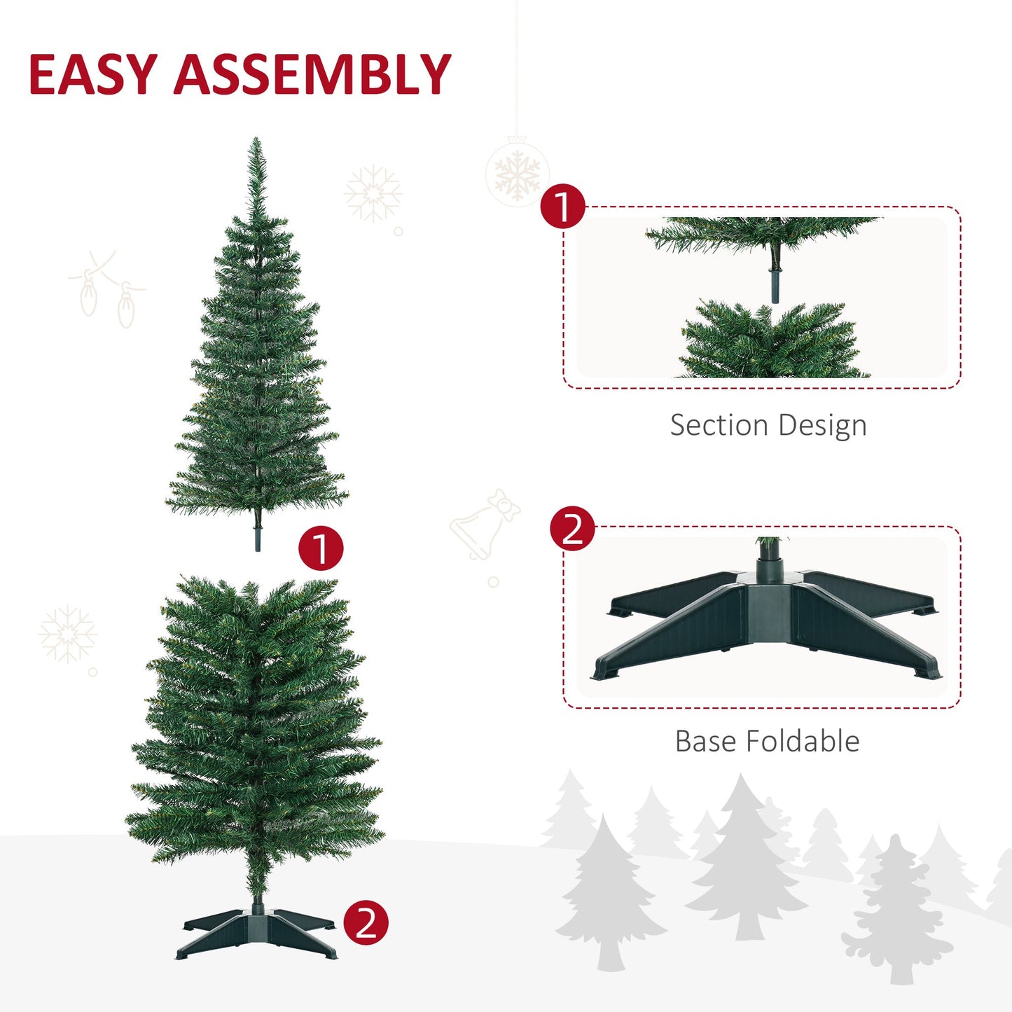 HOMCOM 5ft Unlit Artificial Christmas Tree, Pencil Slim Xmas Tree with Solid Stand and Realistic Branches, Green
