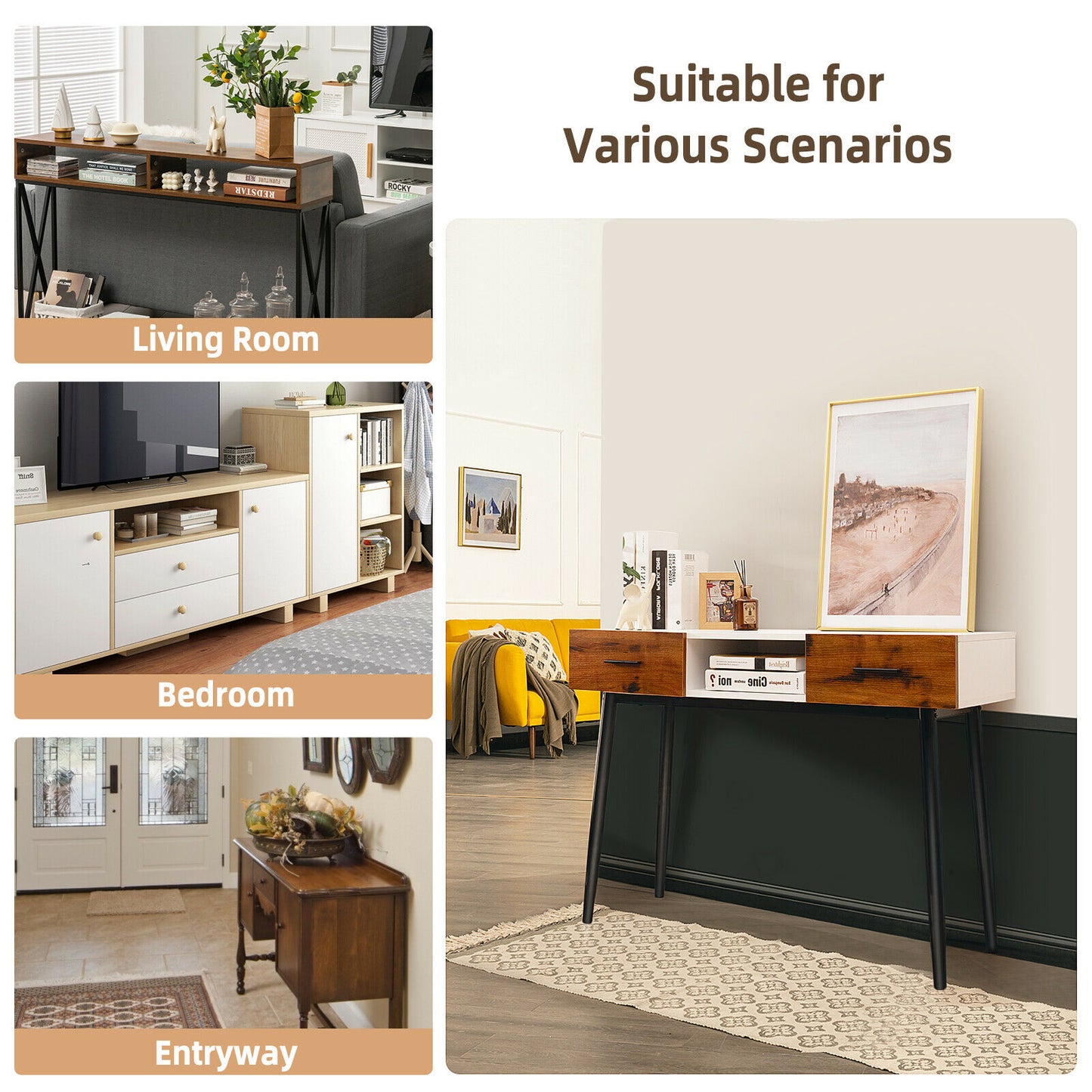 Industrial Console Table with 2 Drawers and Middle Open Shelf