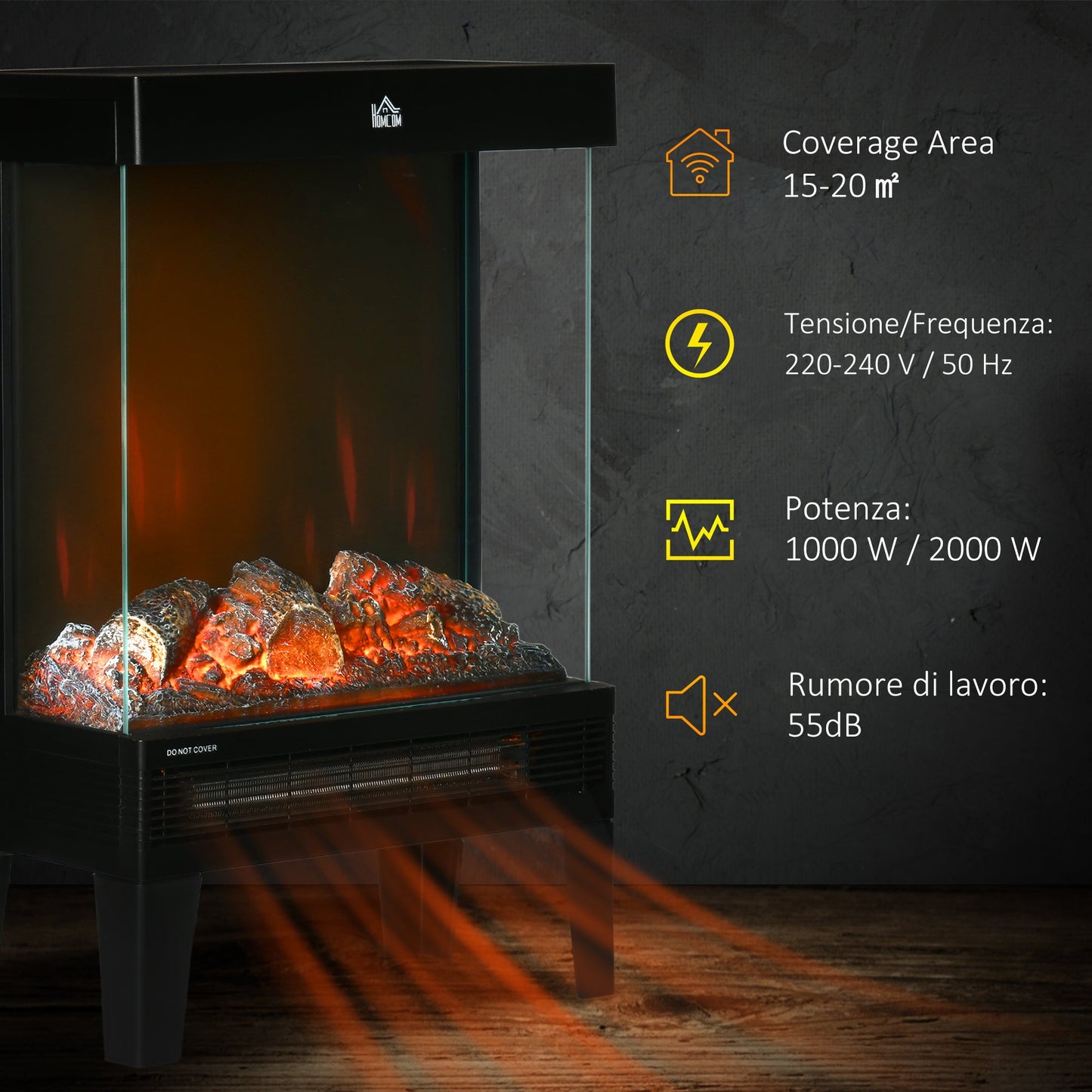 مدفأة كهربائية ساحرة من HOMCOM 180¡، موقد قائم بذاته هادئ مع تأثير لهب LED، تحكم في درجة الحرارة بدون مستوى، حماية من الحرارة الزائدة، 1000 وات/2000 وات، أسود