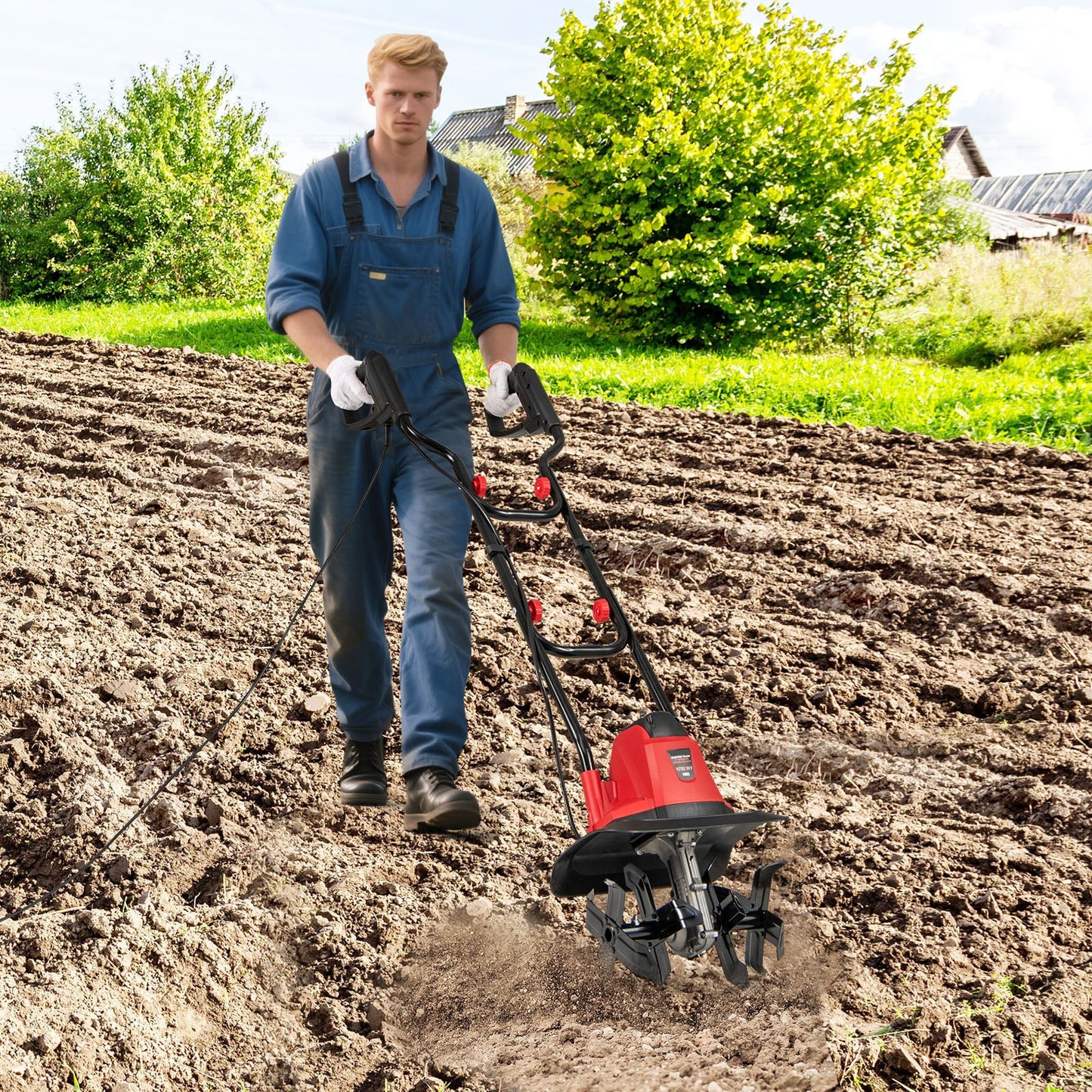 750W Powerful Foldable Garden Rototiller for Lawn Soil Digging-Red