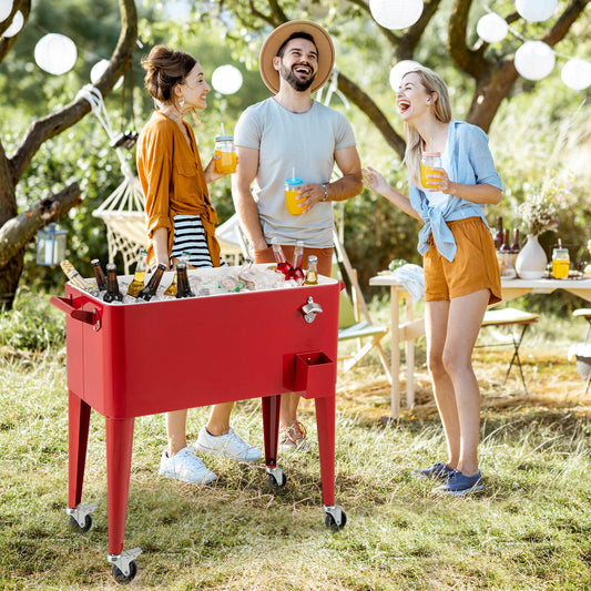 75 L Rolling Ice Chest Portable Patio Cooler on Wheels Outdoor Drink Beverage Cooler Cart-Red