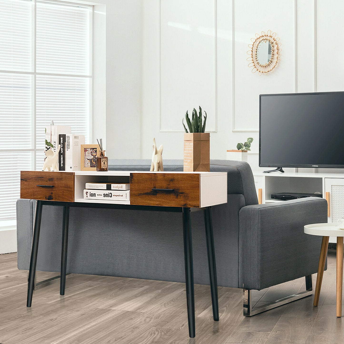 Industrial Console Table with 2 Drawers and Middle Open Shelf