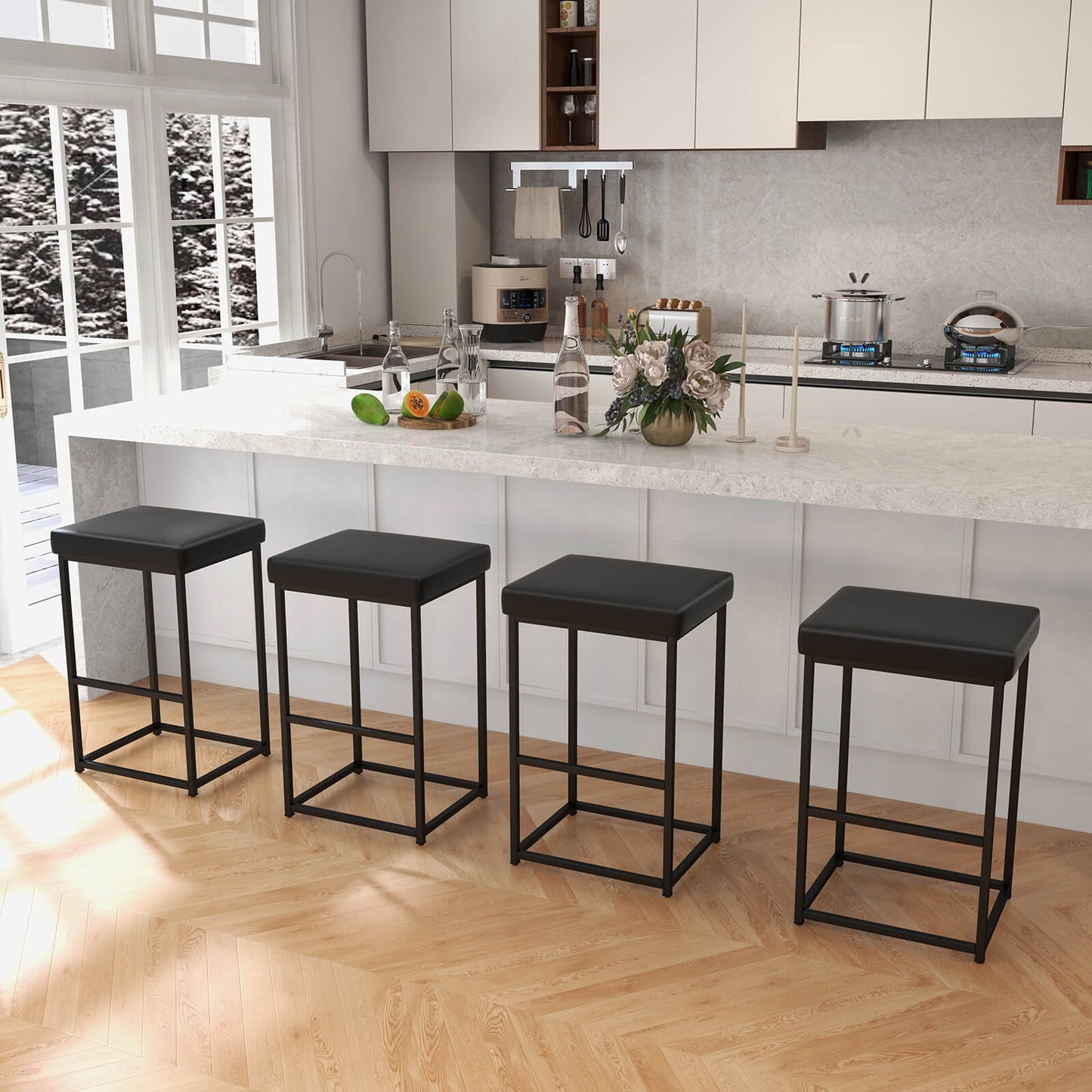 76 cm Barstools Set of 2 with PU Leather Cover and Footrest-Black