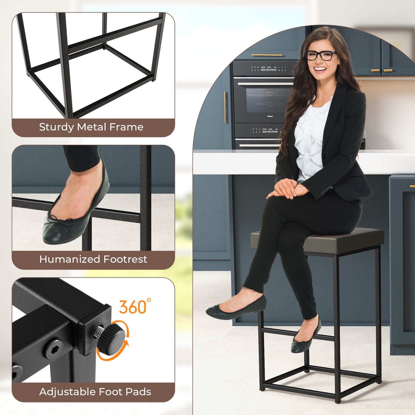 76 cm Barstools Set of 2 with PU Leather Cover and Footrest-Grey