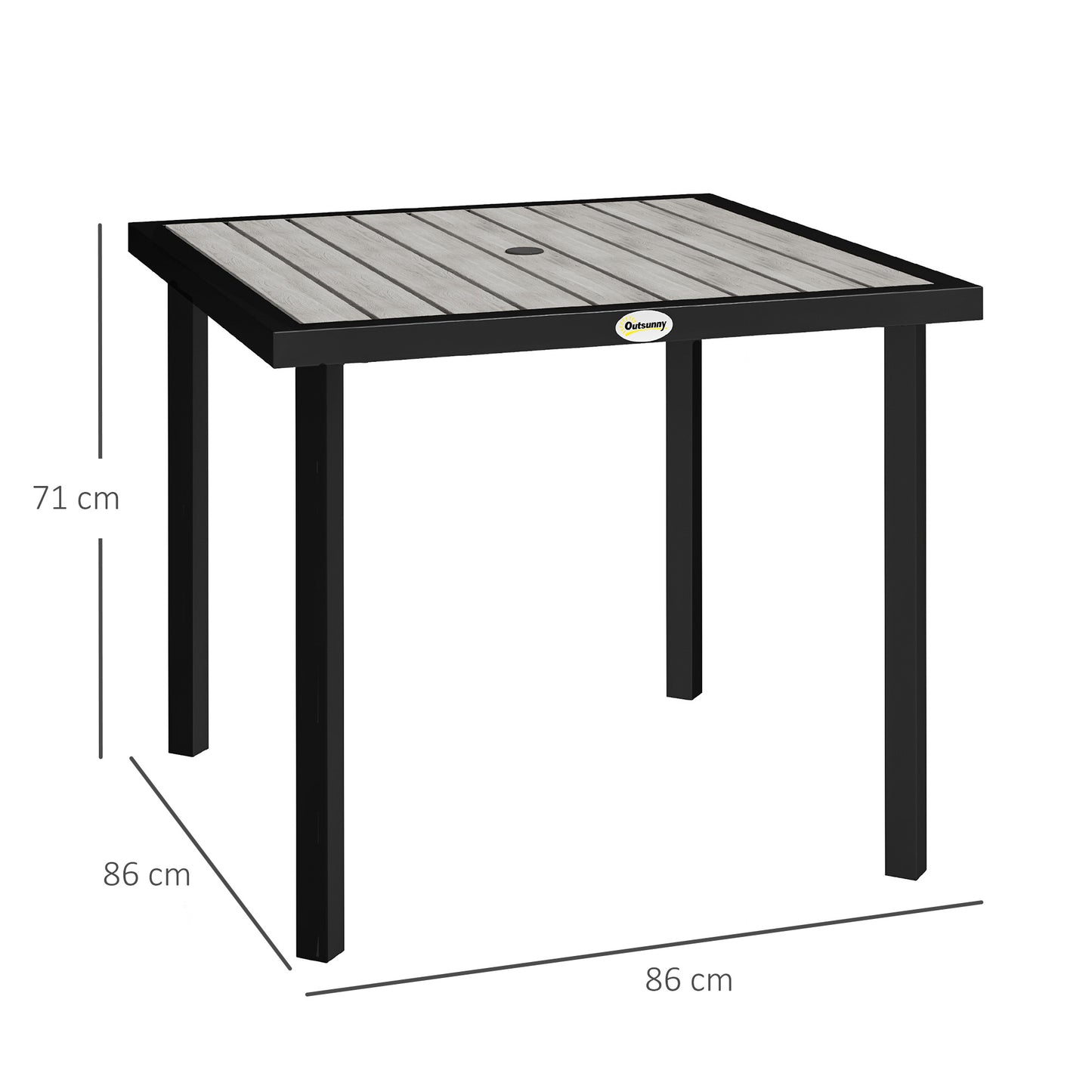 Stół ogrodowy Outsunny Square Garden Dining Table z otworem na parasol 5,4 cm, blatem z listew, metalową ramą, 86 x 86 x 71 cm, jasnoszary