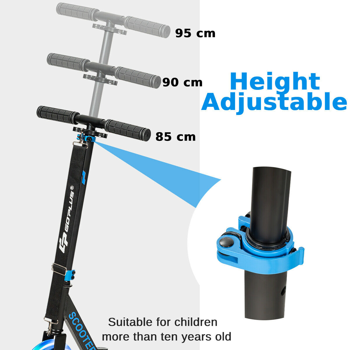 Foldable and Adjustable Kick Scooter with 2 Big Wheels and LED Lights-Blue
