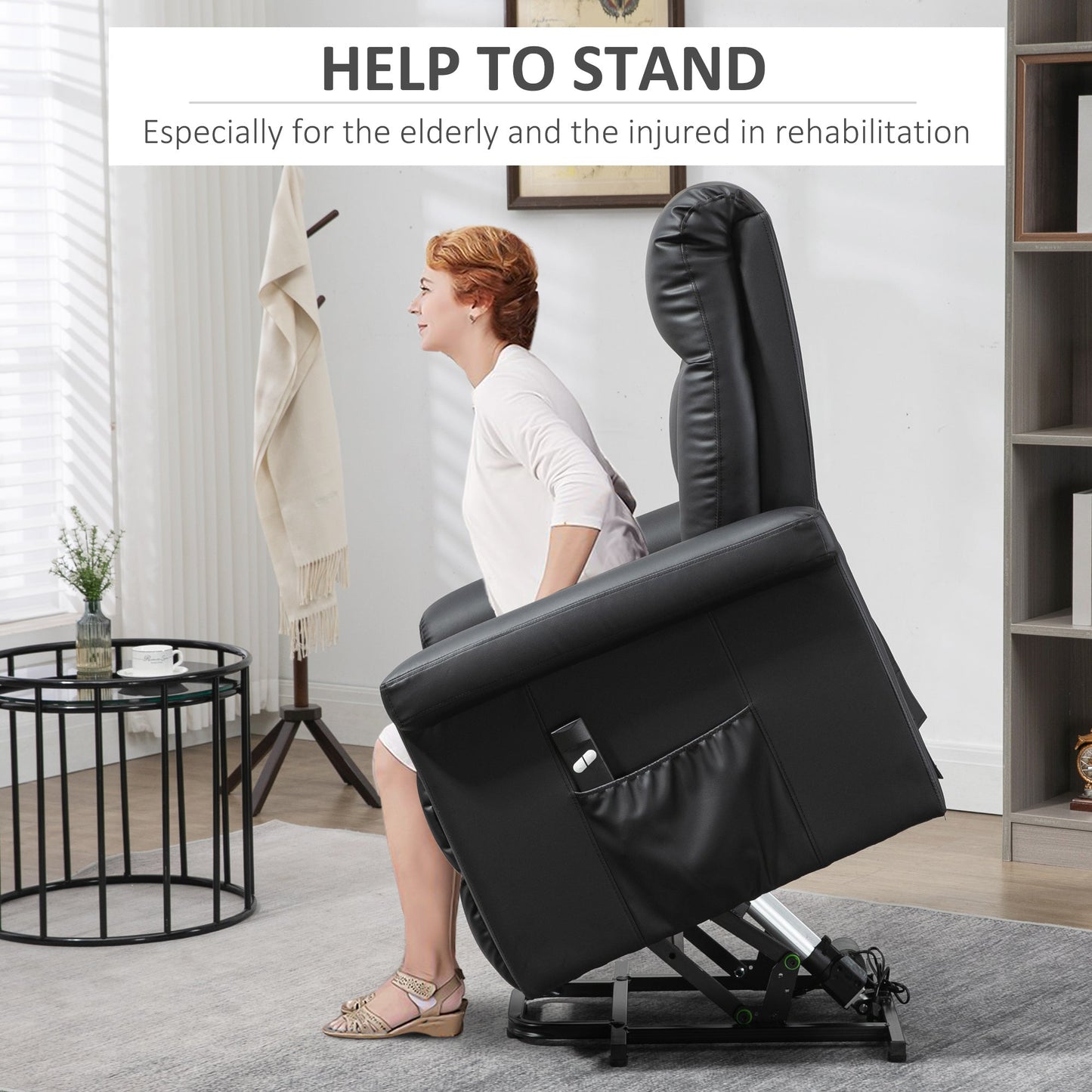 HOMCOM Power Lift Chair Armchair for the Elderly, PU Leather Recliner Chair with Extended Footrest, Remote Control and Side Pocket, Black