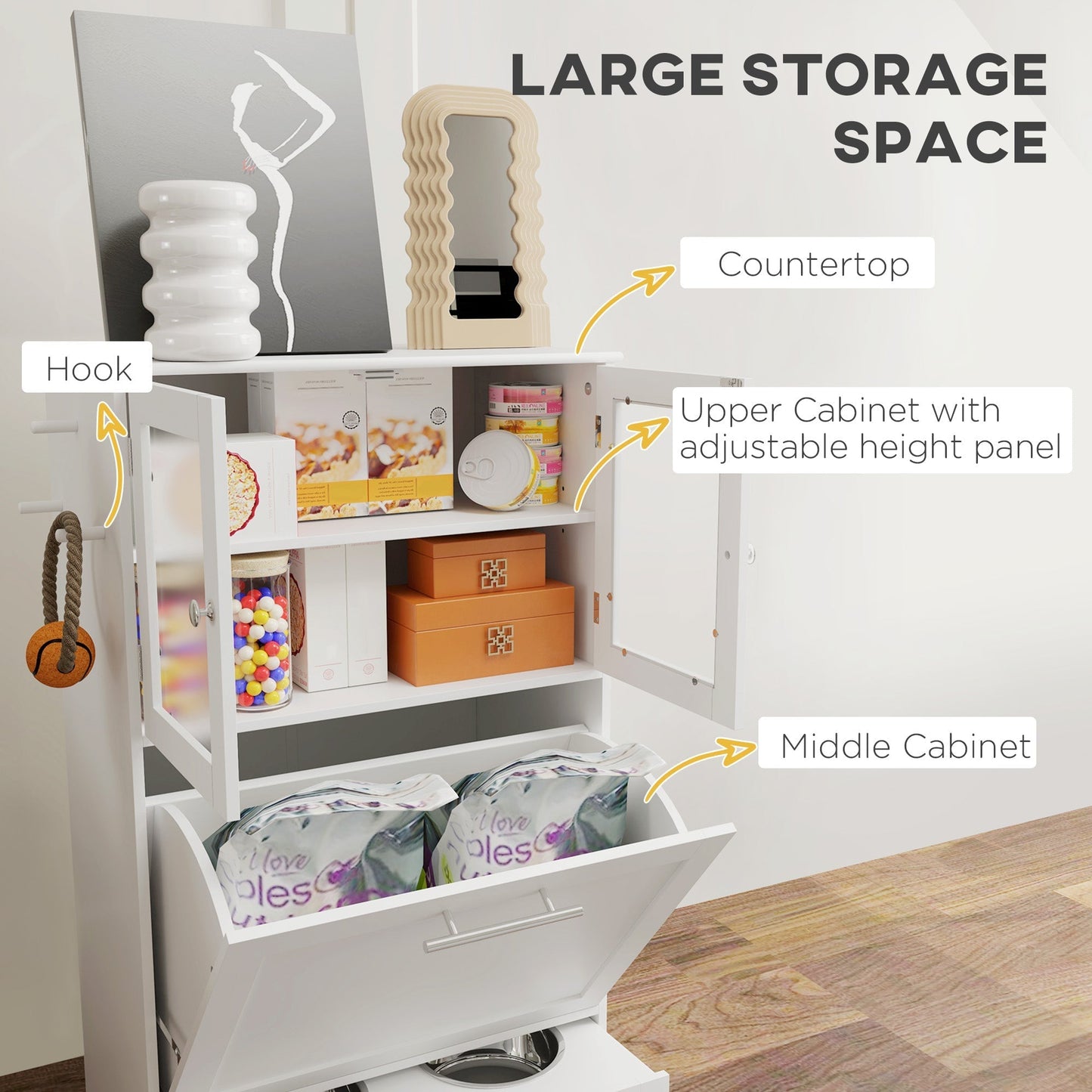 PawHut Dog Feeding Station with 2 Storage Cabinets, 2 Elevated Bowls, Side Hooks, Anti-tip Kit for Water and Feeding Supplies