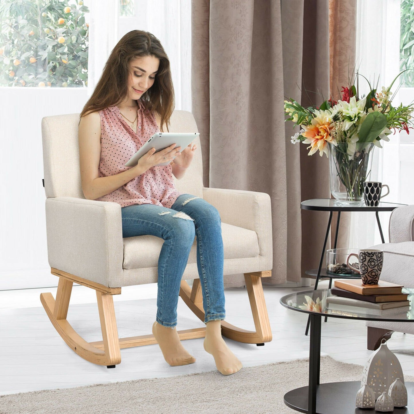 Fabric Upholstered Recliner Rocking Chair Armchair Lounge Sofa Seat Relax Rocker-Beige