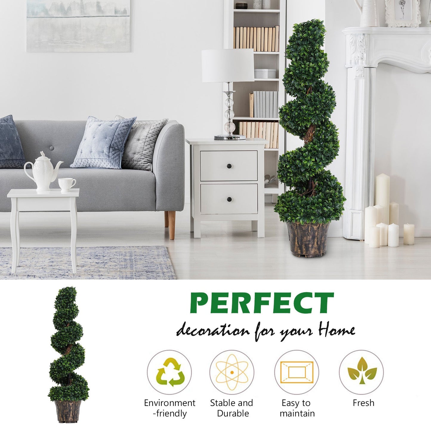 Outsunny Set of 2 Artificial Boxwood Spiral Topiary Trees Potted Decorative Plant Outdoor and Indoor DŽcor 120cm