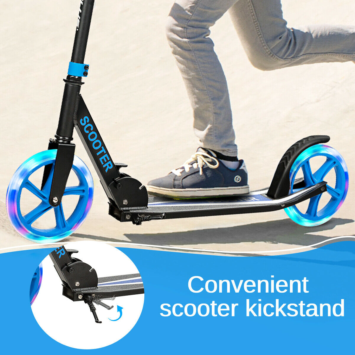 Foldable and Adjustable Kick Scooter with 2 Big Wheels and LED Lights-Blue
