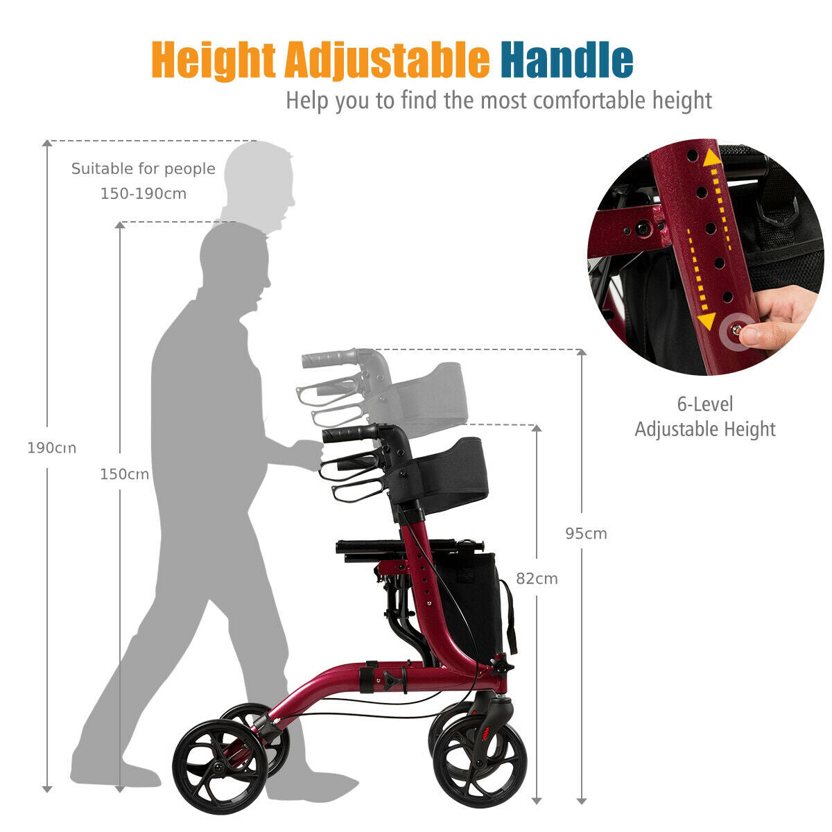 Folding Aluminium Rollator Walker Mobility Aid With 4 Wheels-Red