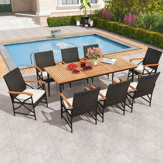 79 Inch Outdoor Dining Table and 8 Rattan-woven Dining Chairs with Umbrella Hole