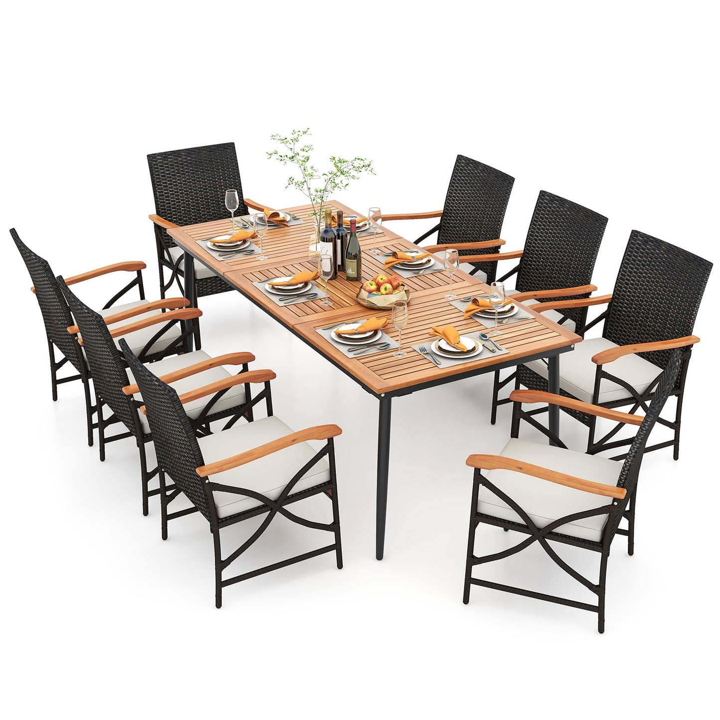 79 Inch Outdoor Dining Table and 8 Rattan-woven Dining Chairs with Umbrella Hole