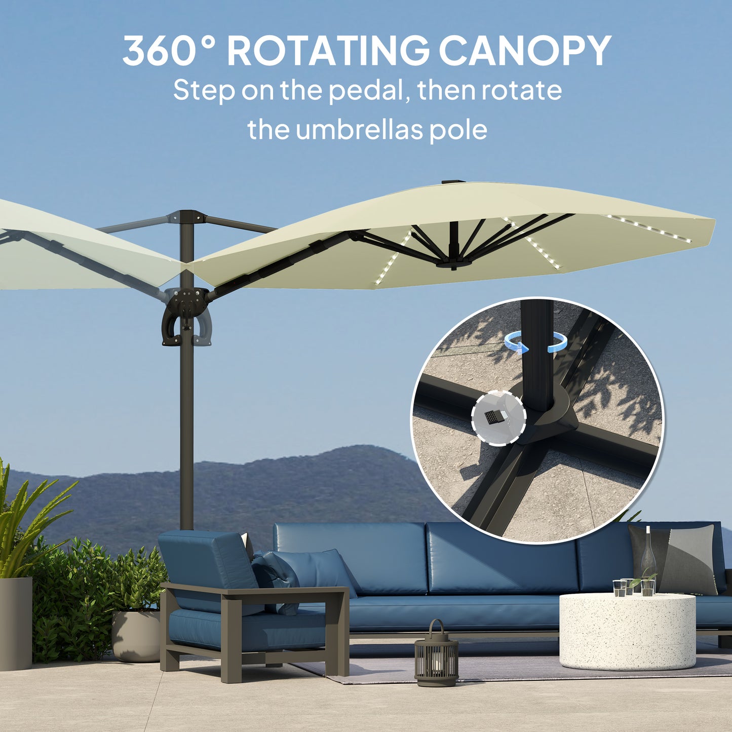 Outsunny 3(m) parasol ogrodowy Cantilever z lampami zasilanymi energią słoneczną, korbką i podstawą krzyżową, UPF 50+, obrót 360√Ǭ∞, kremowy