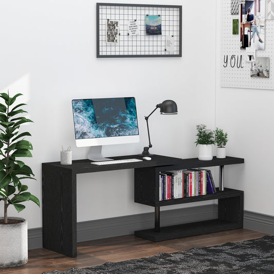 HOMCOM L Shaped Desk with 360 degrees Rotating Storage Shelves, Corner Computer Desk, Space Saving Study Table for Home Office, Black