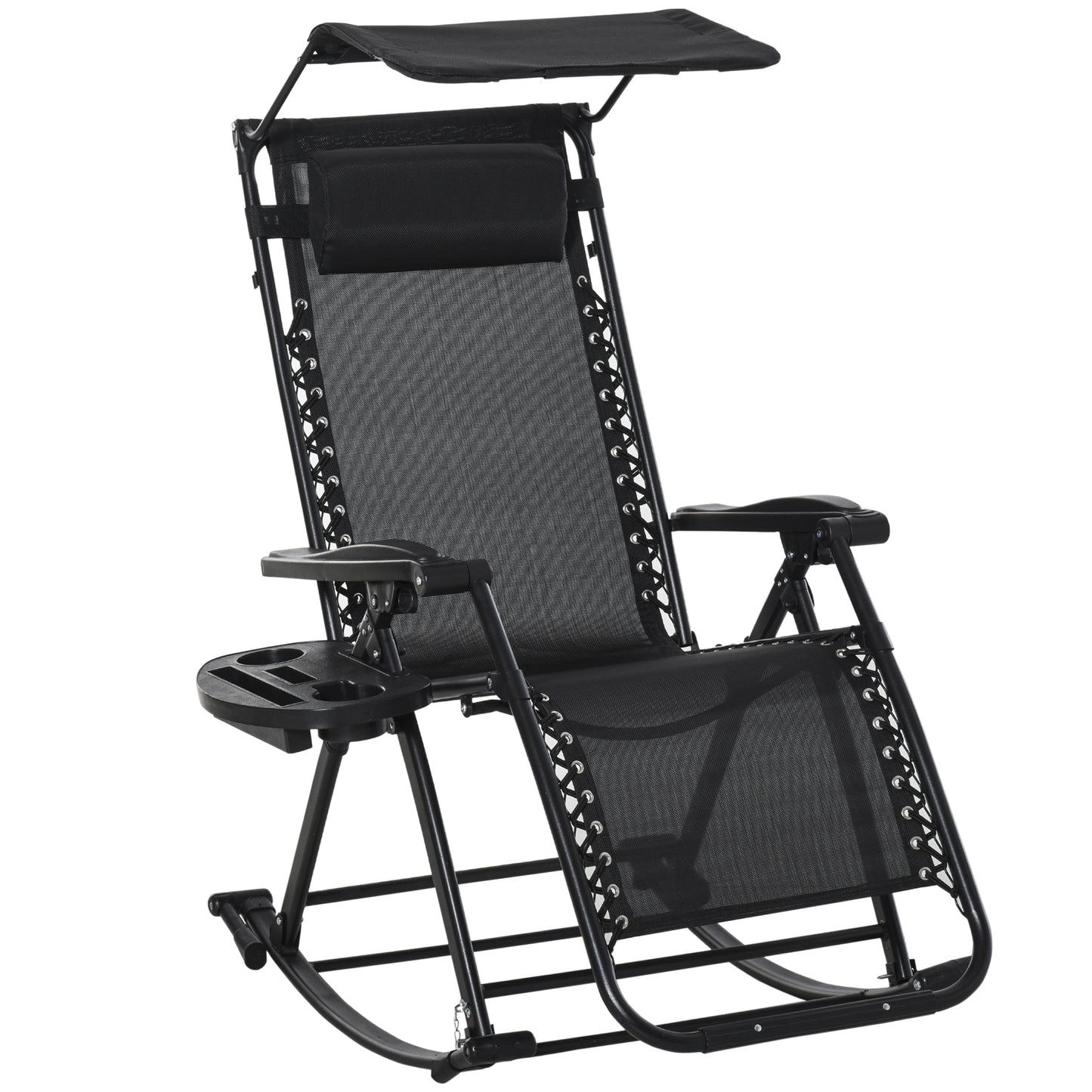 Outsunny Garden Rocking Chair składany fotel rozkładany na zewnątrz regulowany leżak bujany Zero-Gravity Seat z zagłówkiem uchwyt boczny Patio Deck - czarny