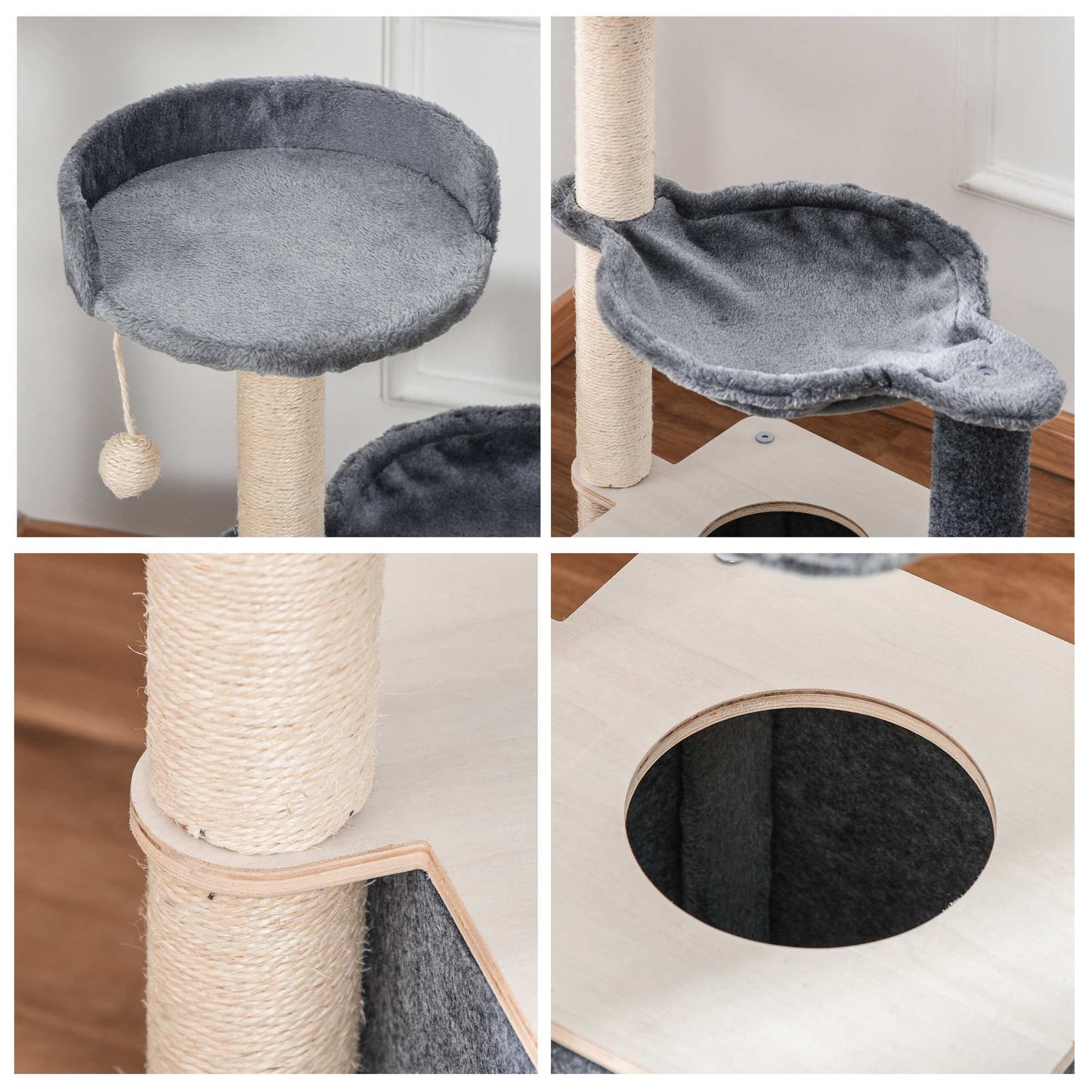 PawHut Cat Tree dla kotów domowych 95 cm wieża wspinaczkowa centrum aktywności dla kociąt z sizalowym słupkiem do drapania grzęda przestronny hamak w mieszkaniu zdejmowana filcowa wisząca zabawka, szary