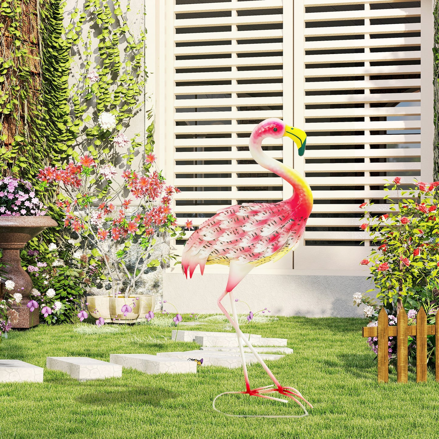 Outsunny Flamingo Garden Statue Ornament, Metal Bird Art Outdoor Statue, Stojąca rzeźba ogrodowa Prezent z kołkami do wbijania w ziemię do dekoracji krajobrazu stawu, Różowa