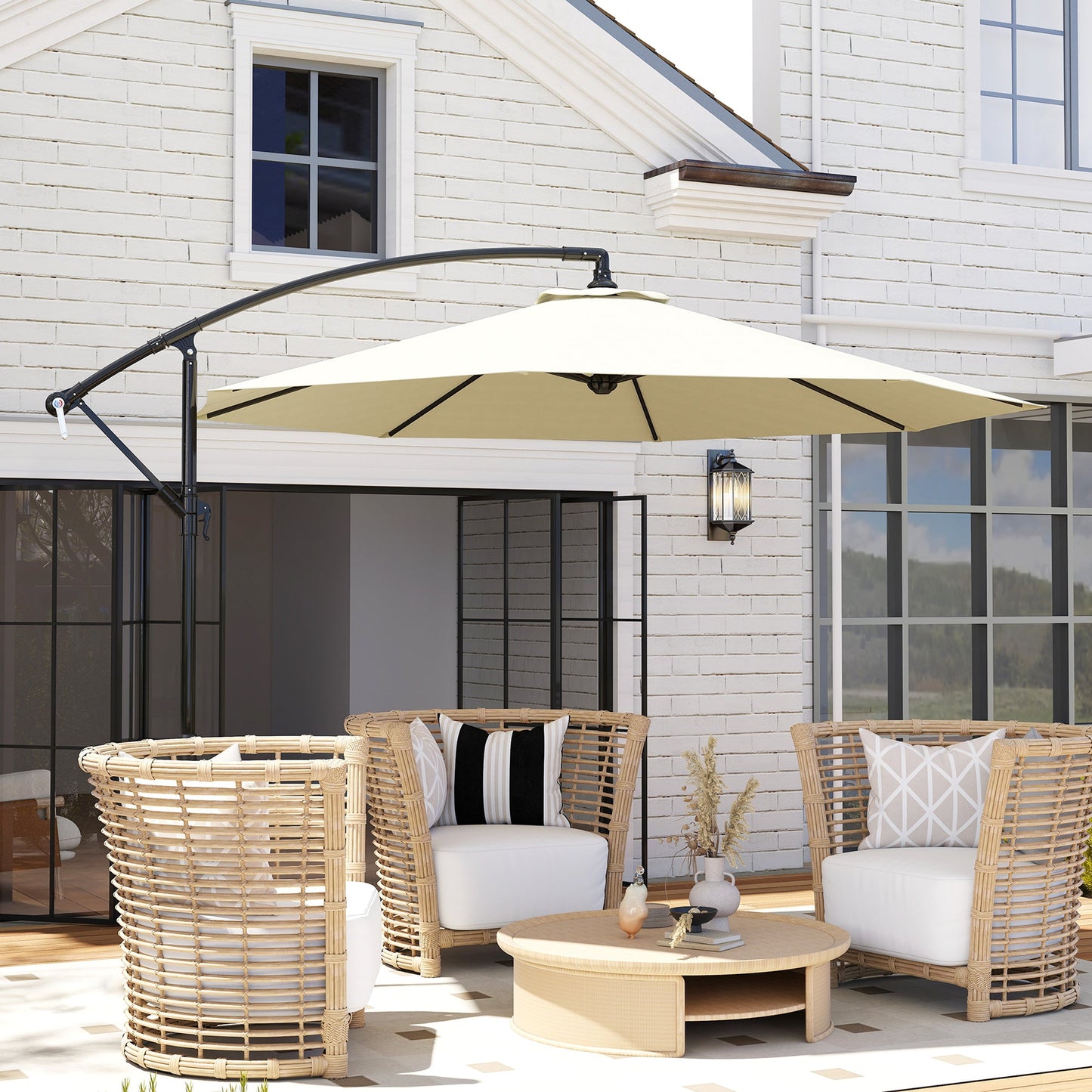 Outsunny 3 m Parasol Garden Sun Umbrella Banana Hanging Rattan Set Umbrella Cantilever - Cream white