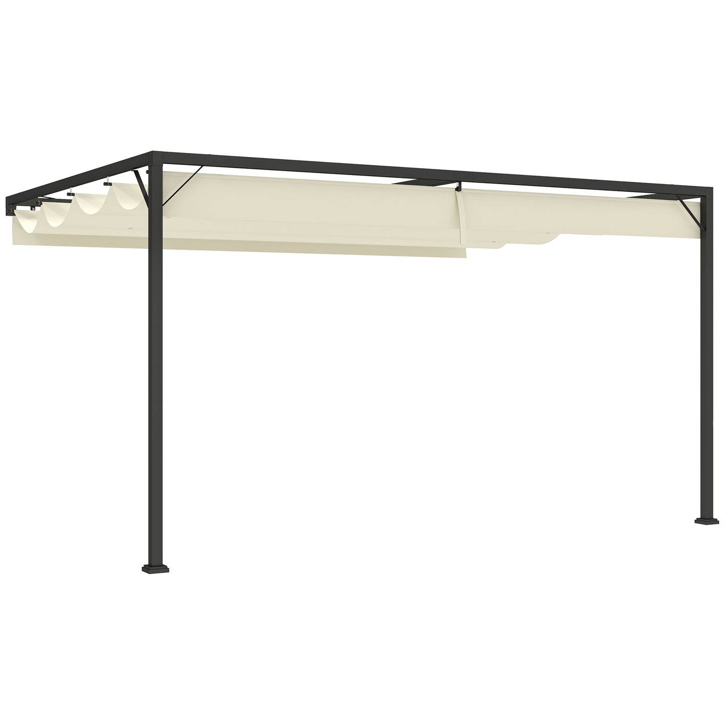 Outsunny 4 x 3(m) Pergola zewnętrzna z chowanym baldachimem, montowana na ścianie, zadaszenie tarasu, osłona przeciwsłoneczna, kremowo-biała