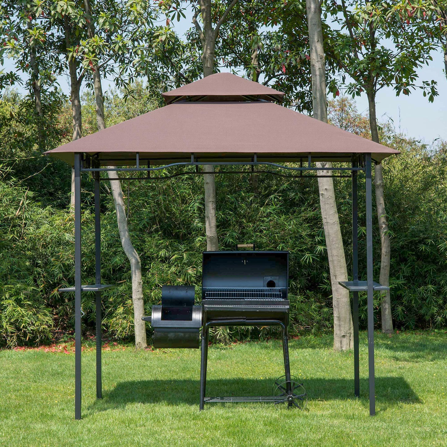 Outsunny 2.5M (8ft) New Double-Tier BBQ Gazebo Shelter Grill Canopy Barbecue Tent Shelter Patio Deck Cover - Coffee