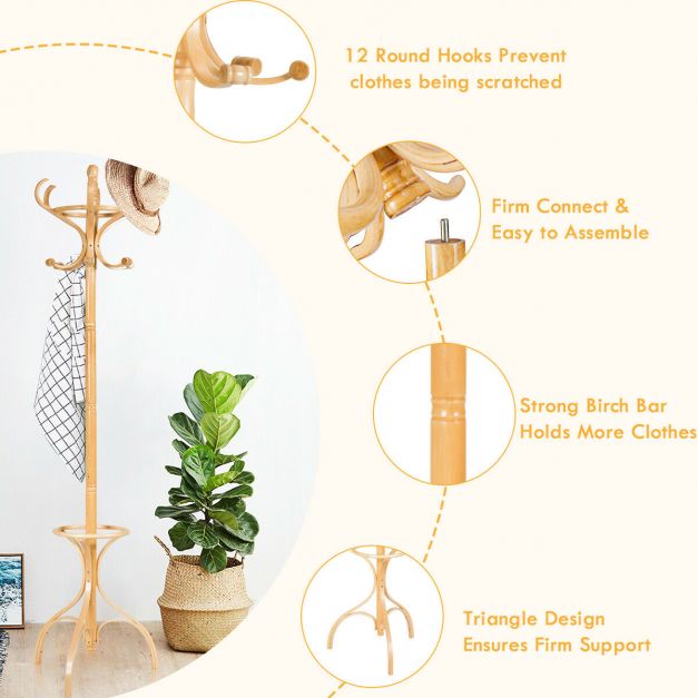 Practical Birch Coat Stand with 360°Rotating Top Tier for Hat & Jacket Oak
