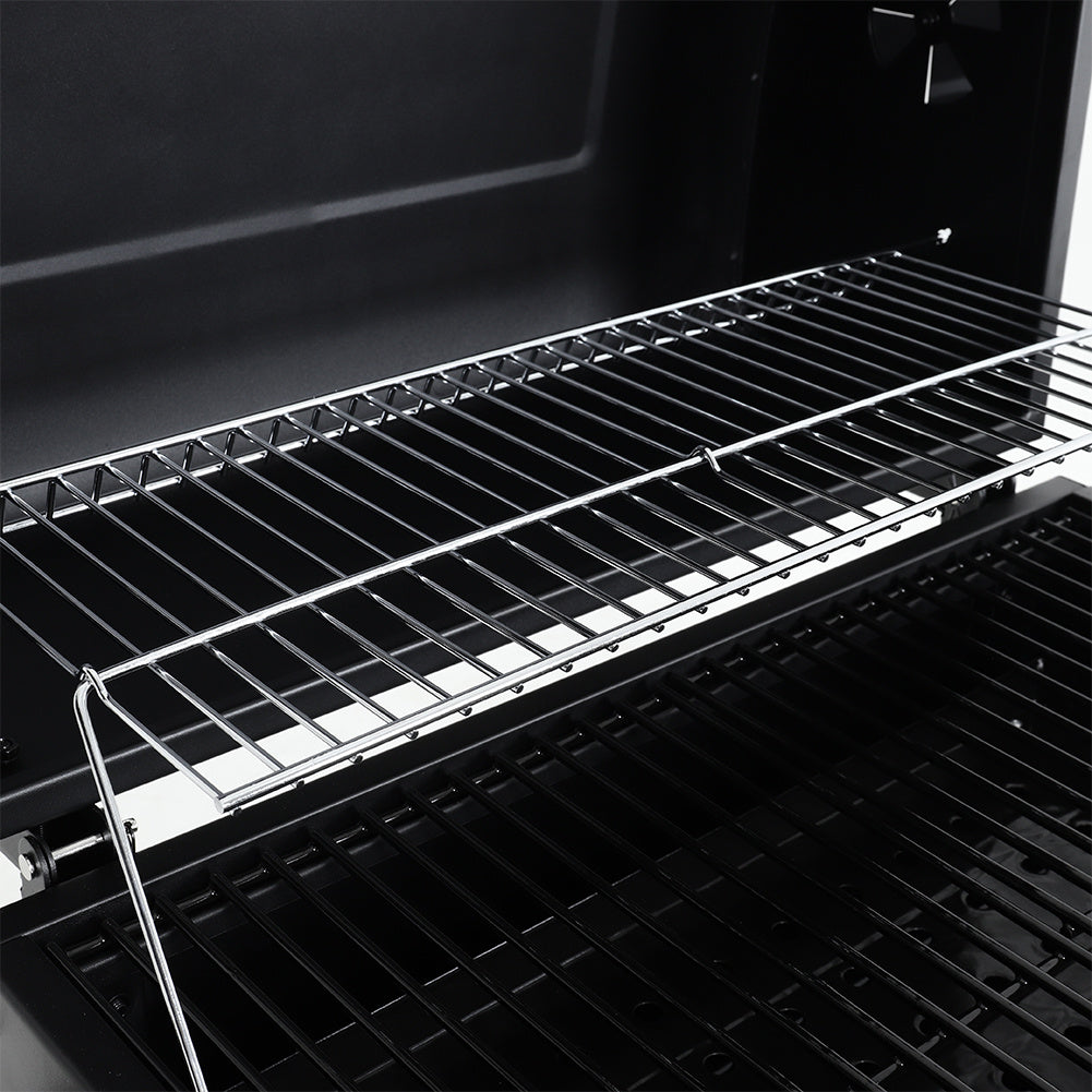 Grill ogrodowy ze stali węglowej, szeroki na 138 cm, z półkami bocznymi