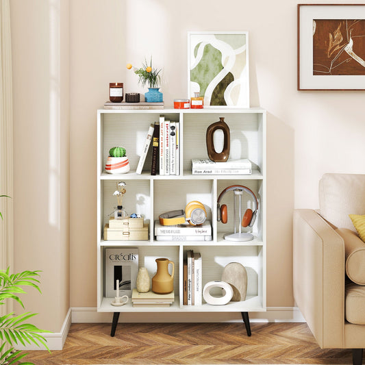 7-Cube Bookcase Mid Century Modern Storage Organizer with 4 Tapered Metal Legs-White