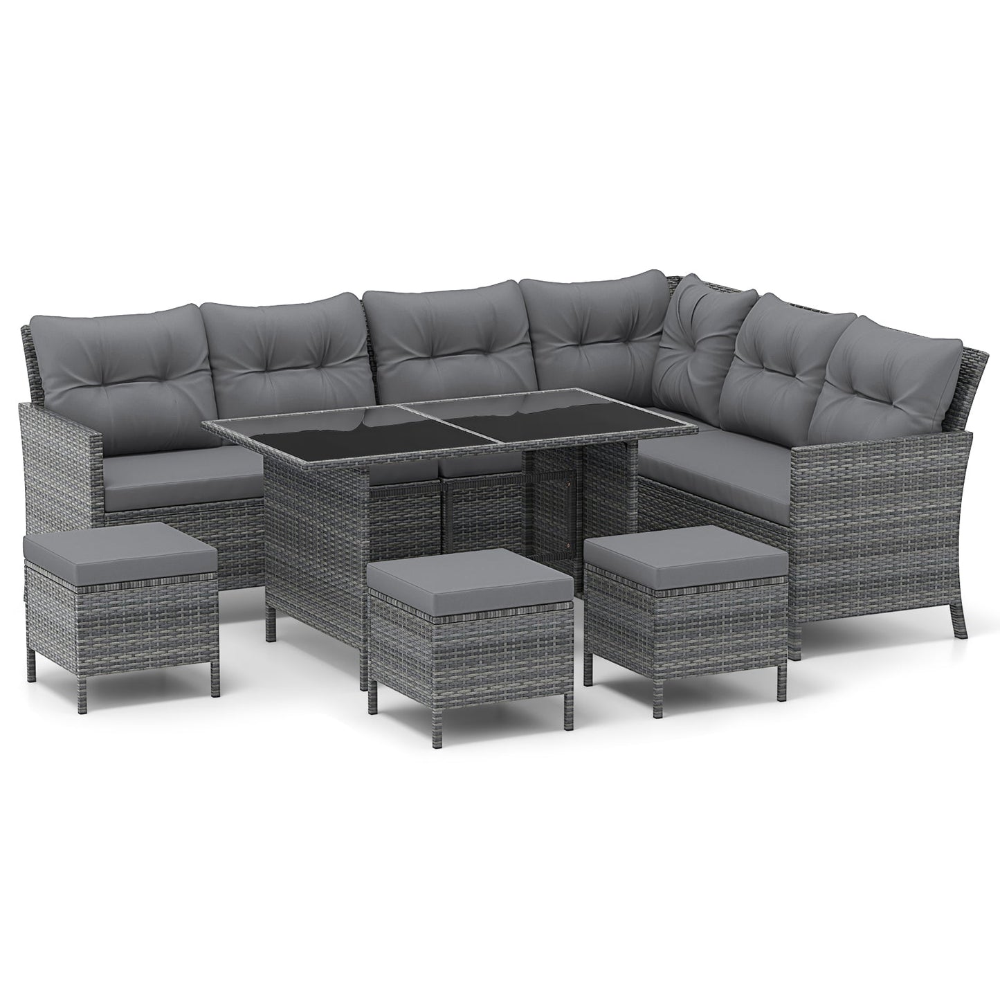 7 Pieces Patio Dining Furniture Set Outdoor PE Rattan Sectional Sofa Set-Grey