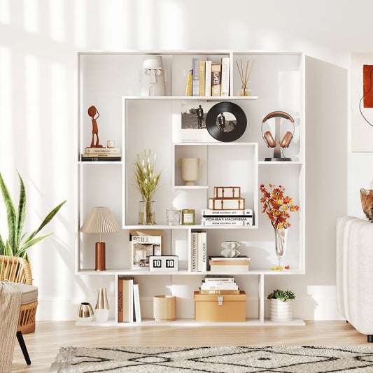 7-Tier Geometric Bookshelf with 2 Anti-Tipping Kits-White