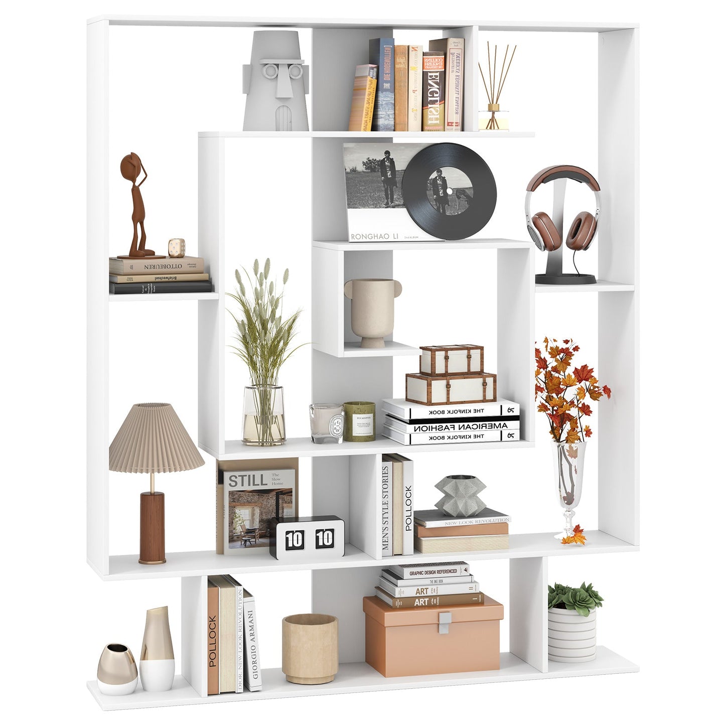 7-Tier Geometric Bookshelf with 2 Anti-Tipping Kits-White